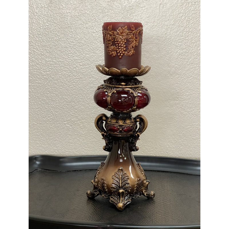 Tall Red and Brown Faux Marble Candle Holder with Candle, 12" H x 6" W x 6" D
