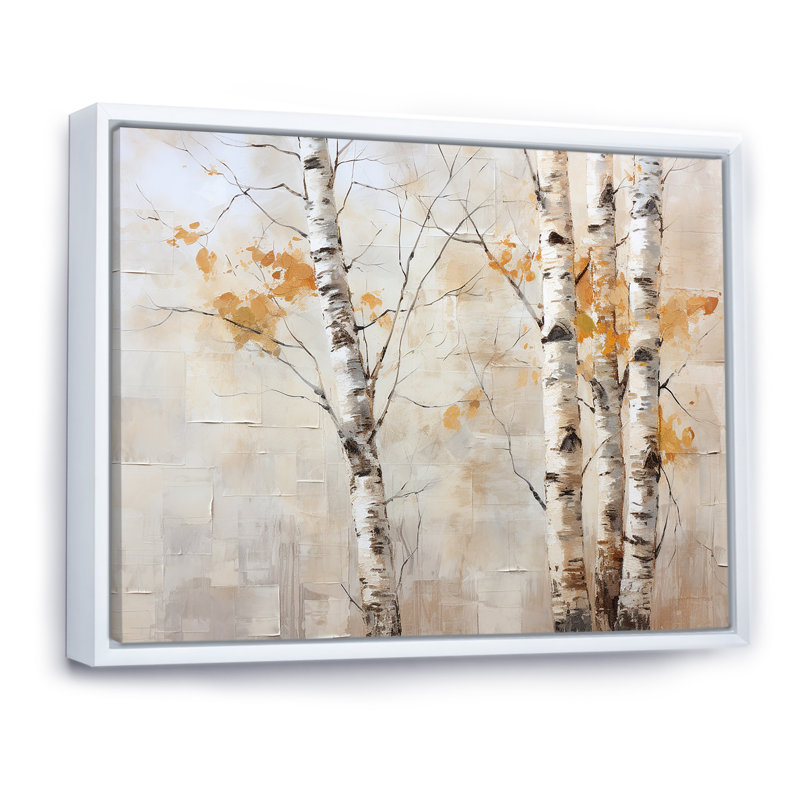 Beauté de bouleau argenté beige sur toile, Cadre flottant blanc, H 24 po x l 32 po x P 1 po