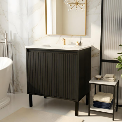 Meuble-lavabo autoportant avec lavabo en céramique, portes à fermeture en douceur et tablettes intégrées