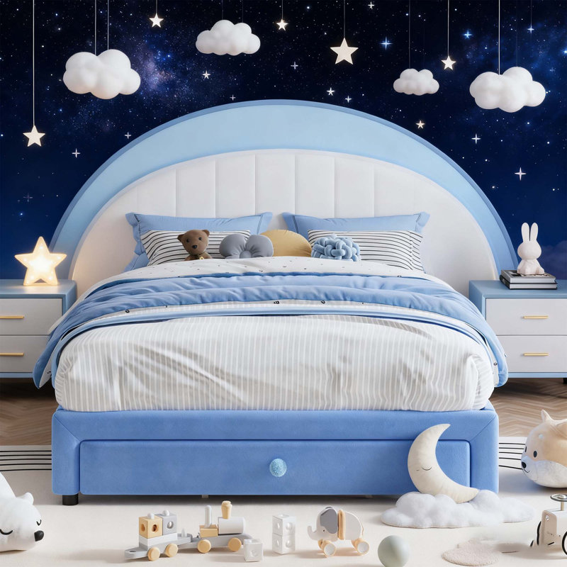 Upholstered Bed Frame with Led Lights and Storage Drawer for Kids, Girls, Boys, No Box Spring Needed, Twin