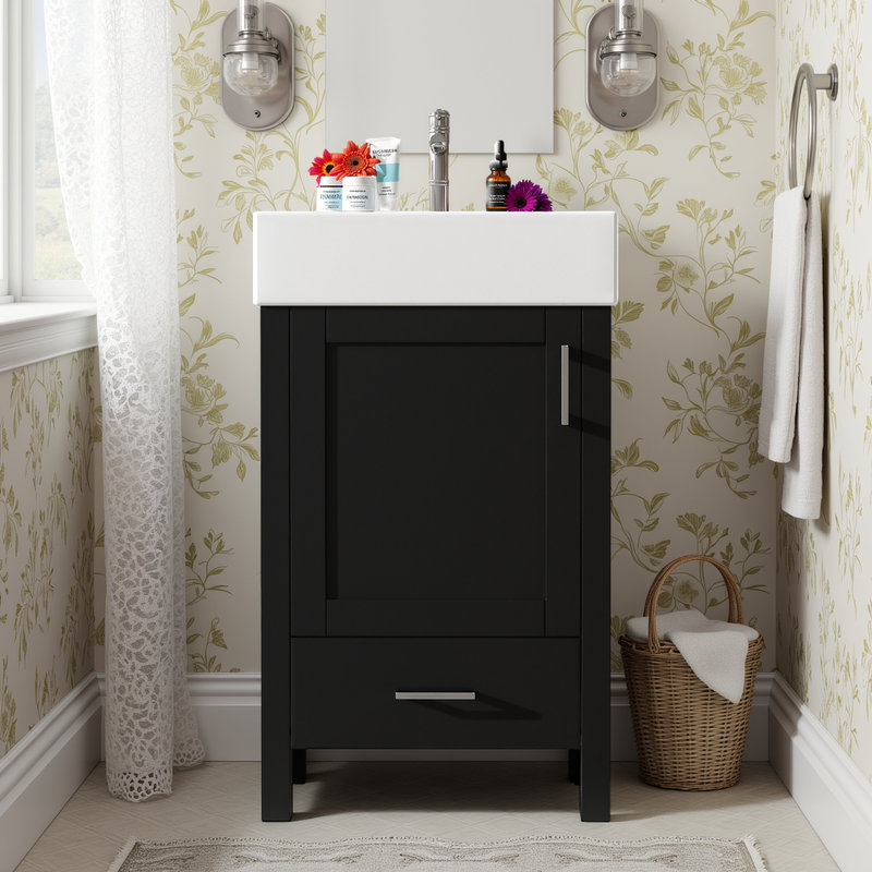 Meuble-lavabo de 20 po avec lavabo en céramique et rangement à fermeture en douceur, Noir