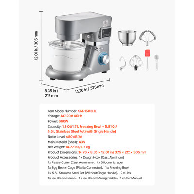 Ice Cream Maker, 1.8 Qt. Capacity, 6-Speed Electric Stand Mixer, Mixing Paddle, Dough Hook, Splash Guard, Grey, Featuring LED Digital Display & Timer