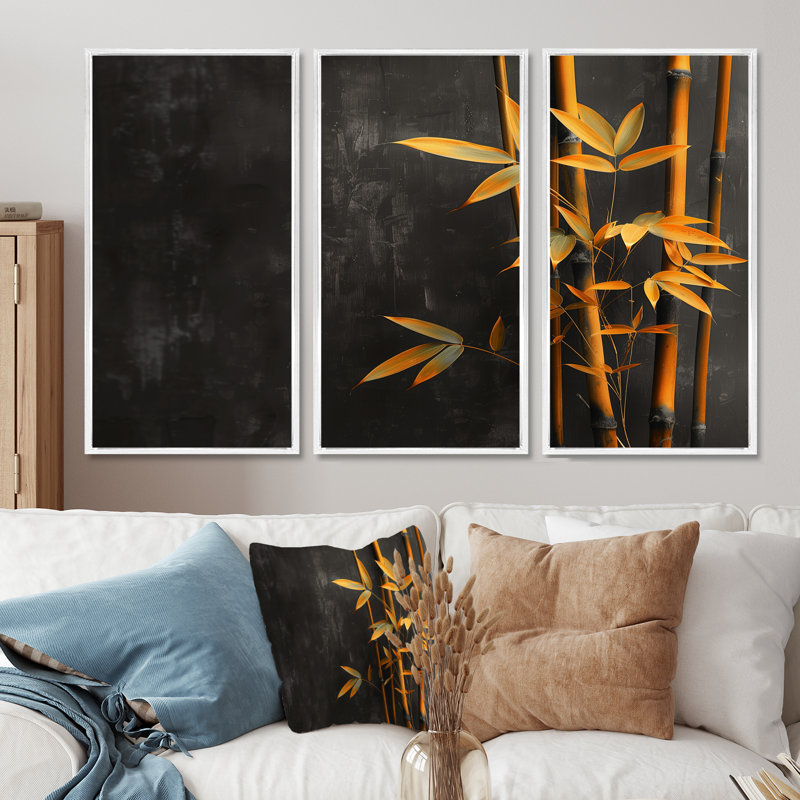 Ensemble de salon jaune et noir avec charme rustique en bambou, Cadre flottant blanc, H 40 po x l 60 po