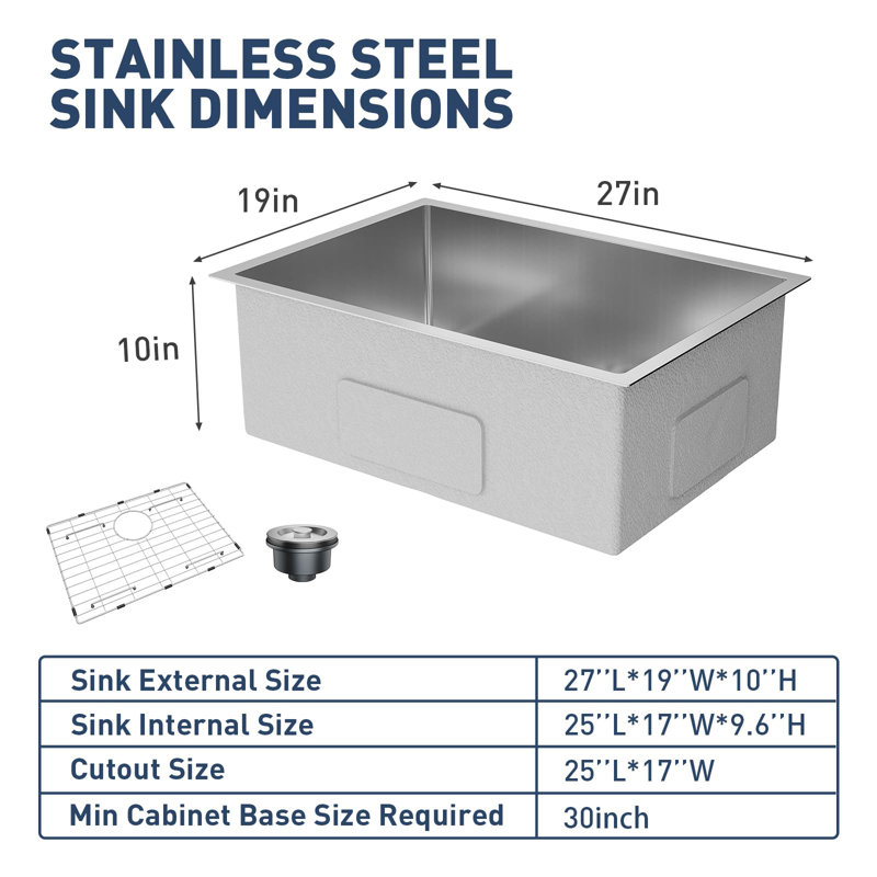 Évier de cuisine encastrable 27 po x 19 po x 10 po, cuve simple en acier inoxydable avec grille inférieure et ensemble de drain (sans robinet)
