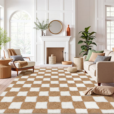 Celi Modern Checkered Shag Area Rug With Non-Slip Backing