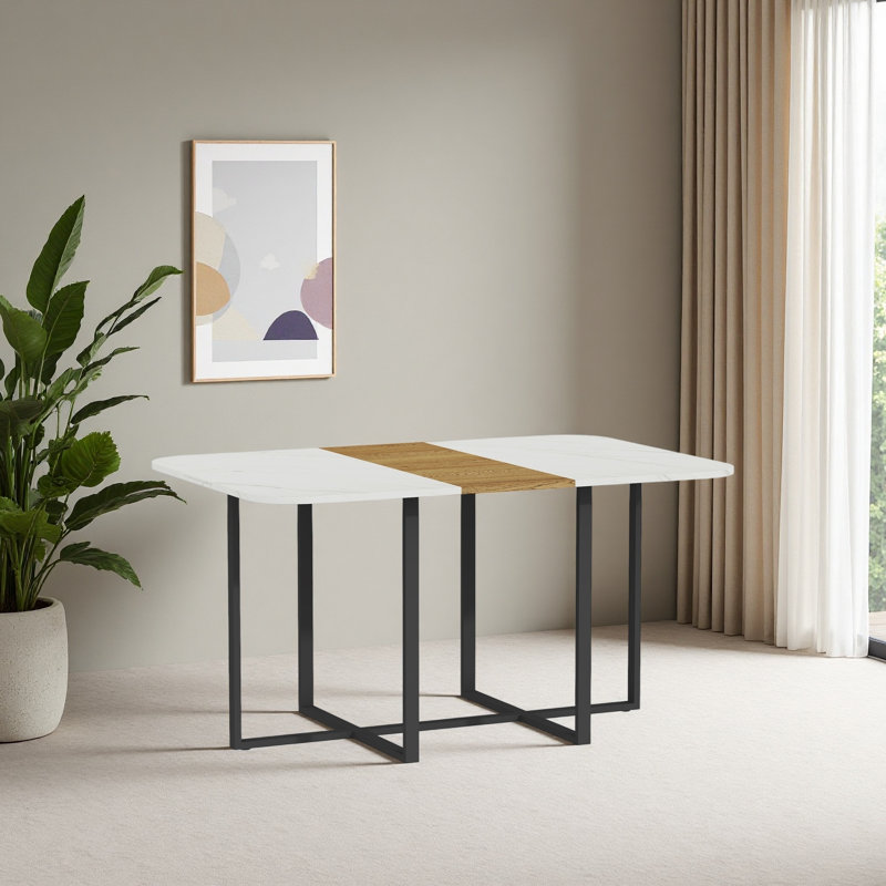 Table de salle à manger moderne 4-6 places - Plateau en faux marbre et grain de bois avec structure en métal robuste pour la cuisine et la salle à manger