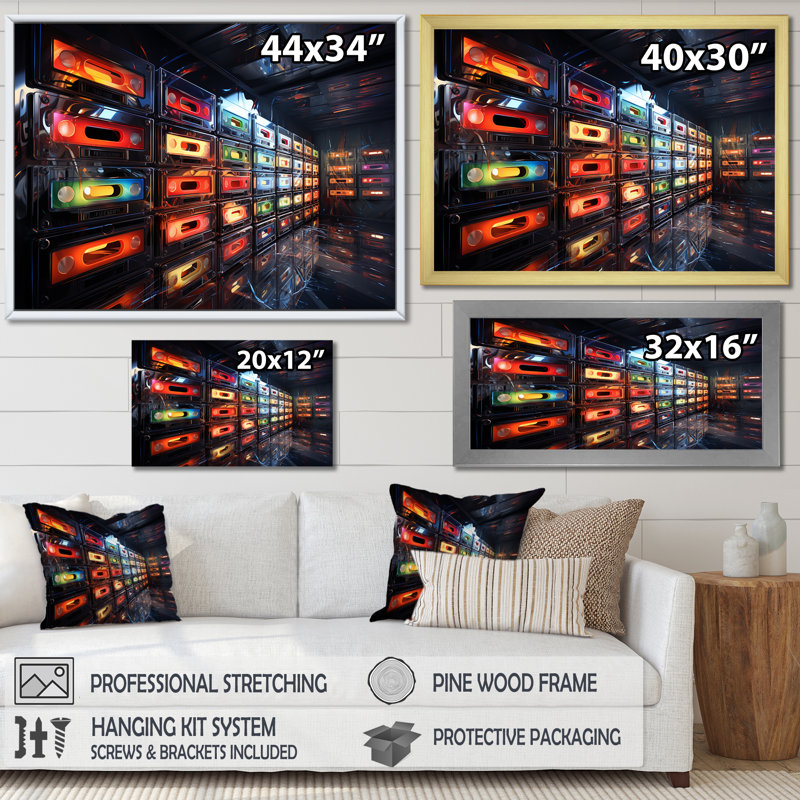 Retro Futur Melodic Beats I - Cassette Tapes, art mural, Cadre flottant noir, H 12 po x l 20 po x P 1 po
