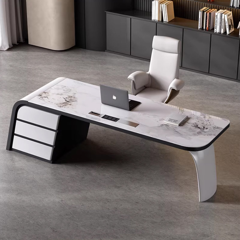 Bureau en bois manufacturé noir + gris clair clair + bois manufacturé avec 3 tiroirs, H 29,92 po x l 84,65 po x P 27,56 po