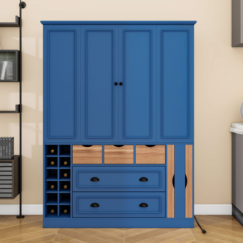 Grand garde-manger avec portes pliantes, tablettes, prise de courant et tiroirs, Bleu