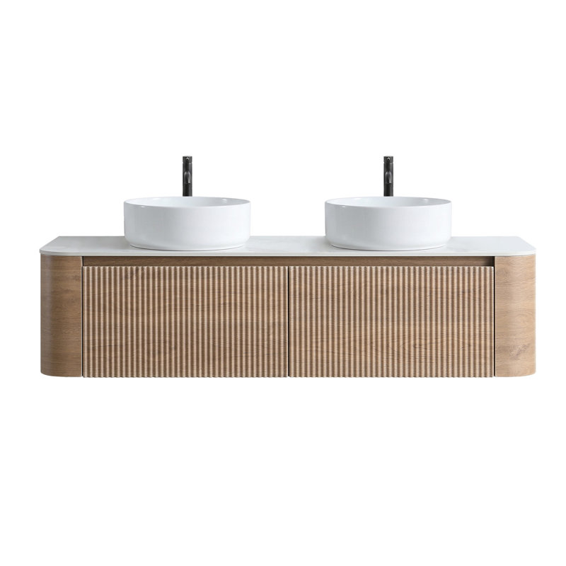 Meuble-lavabo mural de 60 pouces avec lavabo rond blanc à rayures et tiroirs de rangement, Chêne miel, 60, Blanc