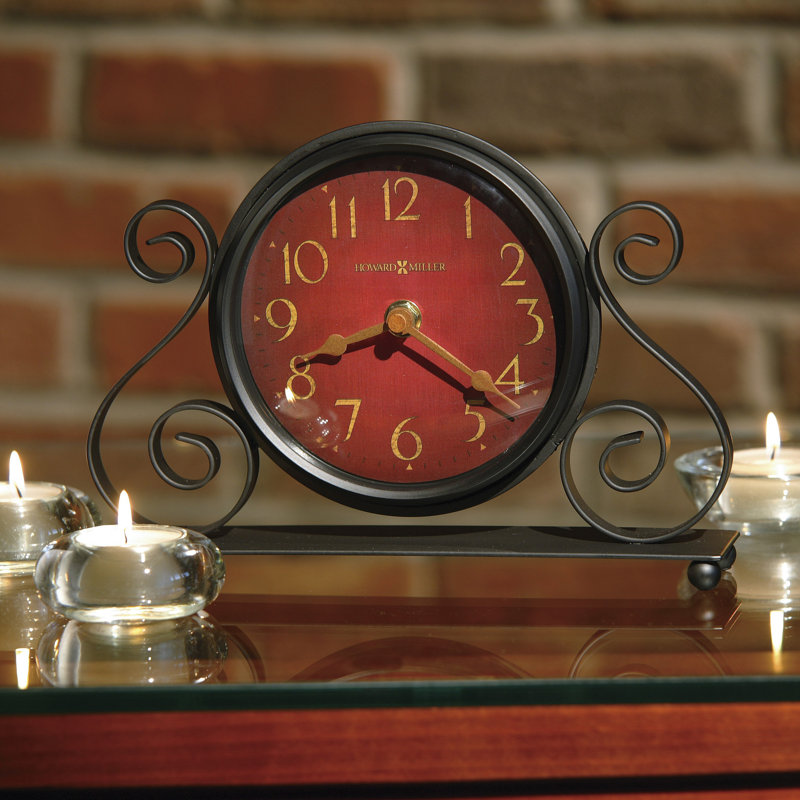 Marisa Traditional Tabletop Clock, Scrolling Iron Frame with Antique Red Dial, Arabic Numerals, Convex Glass