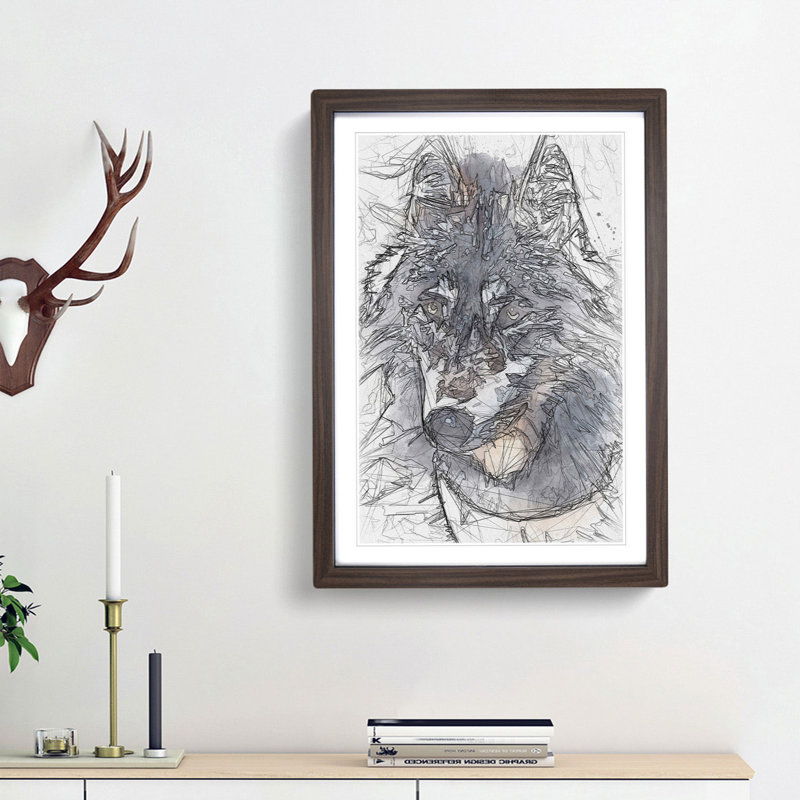 The Eyes of a Wolf in Abstract - Picture Frame Graphic Art Print, 36cm H x 27cm W x 2cm D, Walnut Framed