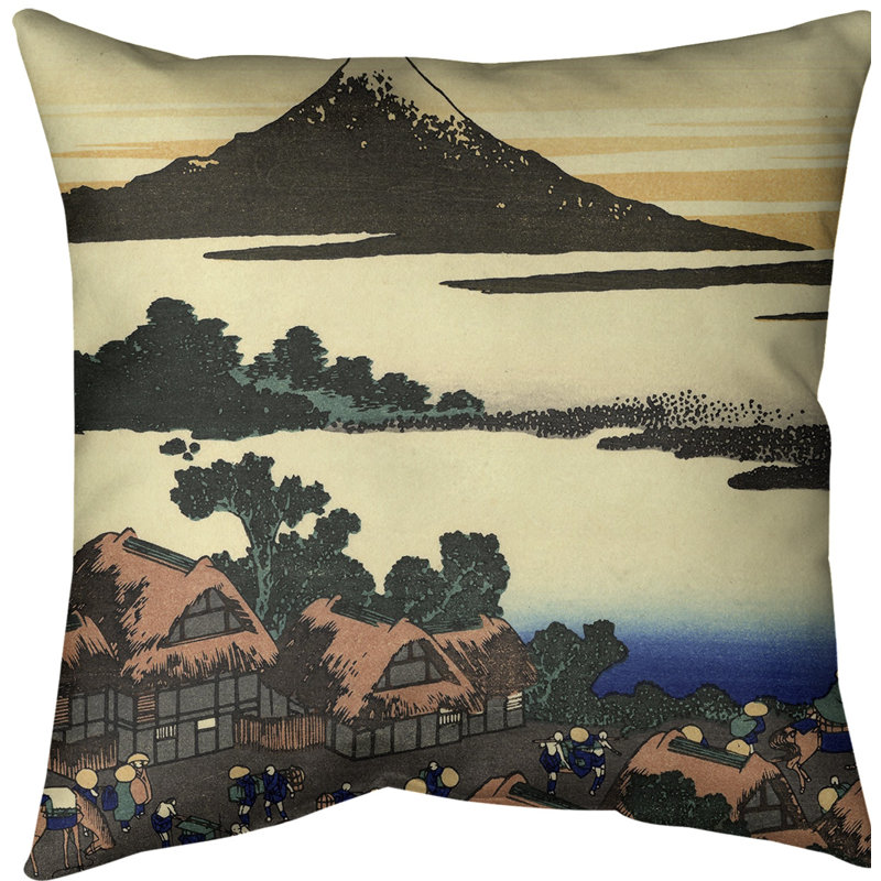Coussin Katsushika Hokusai Dawn at Isawa dans la province de Kai, 16 po x 1 po, Brun / Vert, Simili suède