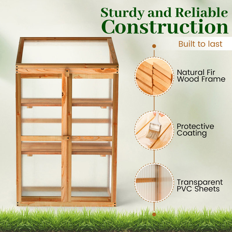 Mini Wooden Cold Frame Greenhouse Outdoor 3-Tier Raised Flower Planter Shelf, Orange