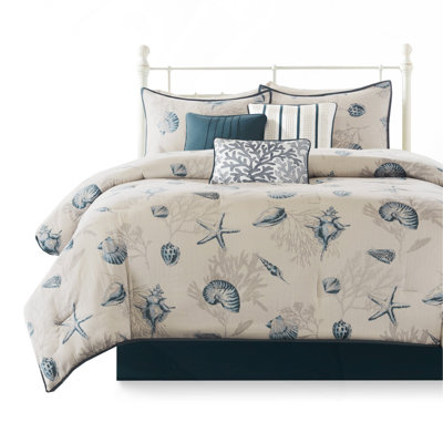 Bayside 7-Piece Cotton Sateen Comforter Set In Blue For King Beds, Coastal Design With Seashells And Coral Motifs