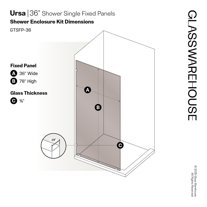 Ursa 36 in. x 78 in. Fully Frameless Bronze Tinted Single Fixed Shower Panel, Satin Brass