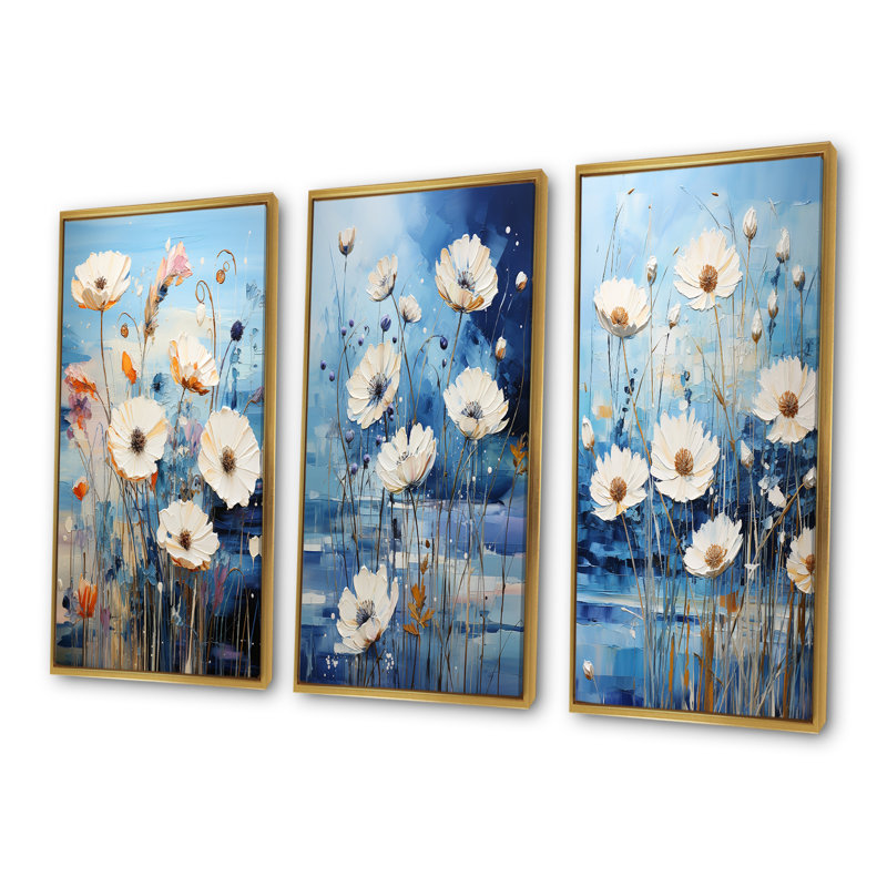 «Blue Cornflower Melody - Cornflowers», ensemble de 4 reproductions d'art sur toile, Cadre flottant doré, H 32 po x l 48 po