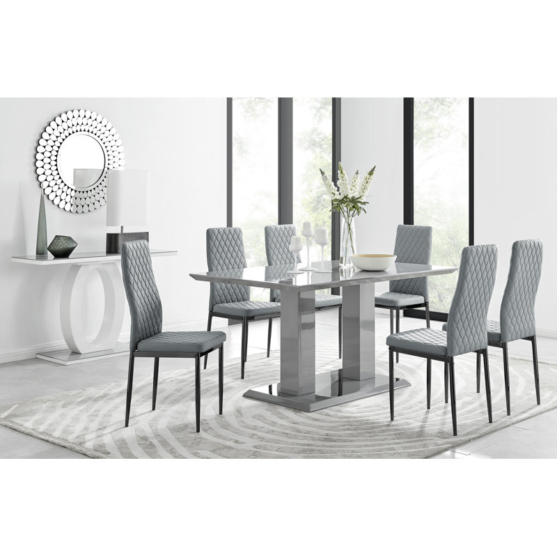Edzard Double Pedestal High Gloss Dining Table Set with 6 Luxury Faux Leather Dining Chairs, Grey/Black