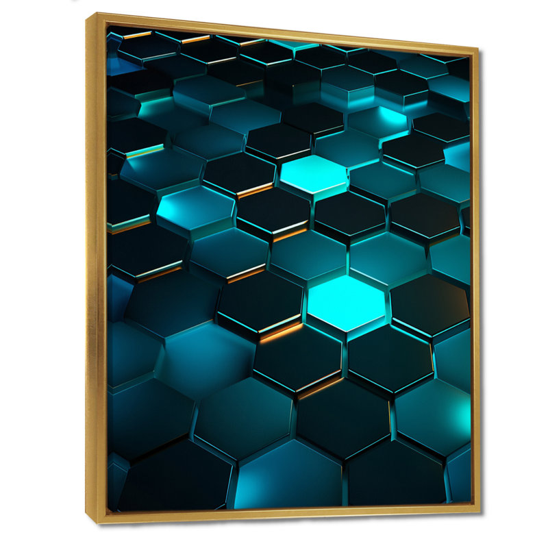 Texture hexagonale turquoise - salon d'art mural géométrique, Toile avec cadre flottant or, H 40 po x l 30 po x P 1,5 po