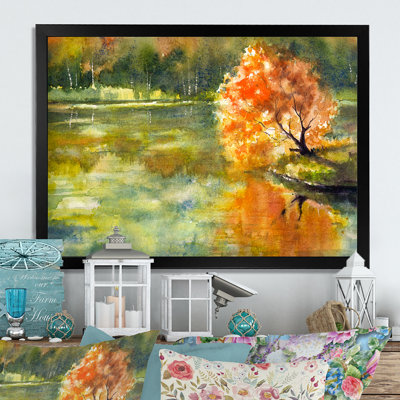 «Autumn Lake and Orange Leaves II», peinture sur toile encadrée