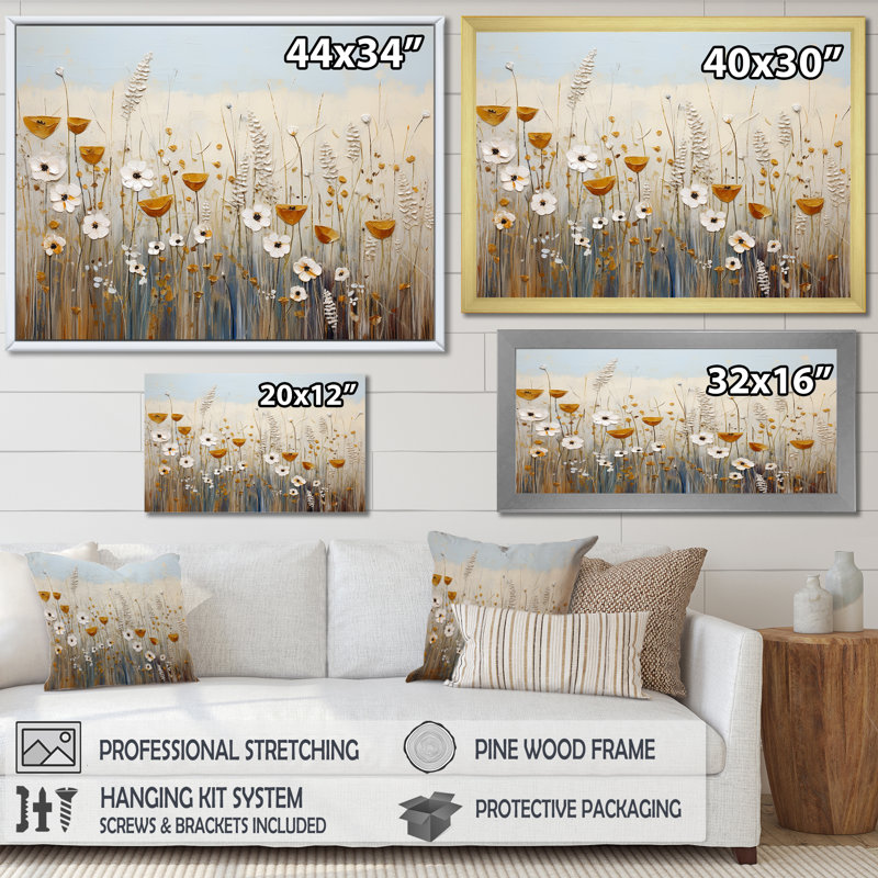 Élégance florale beige - Fleurs murales, art mural, H 12 po x l 20 po x P 1 po, Cadre flottant doré