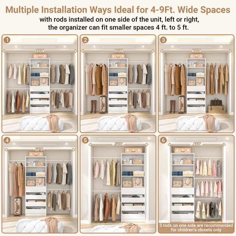 Organisateur de placard 4 pi 9 pi Seward avec 4 tiroirs en bois et 4 tringles, Blanc