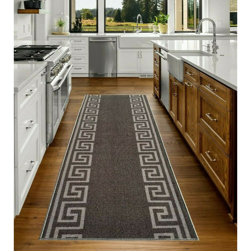 Tapis de couloir de taille personnalisée 26 pouces de large Choisissez votre longueur Conception grecque de méandre gris foncé