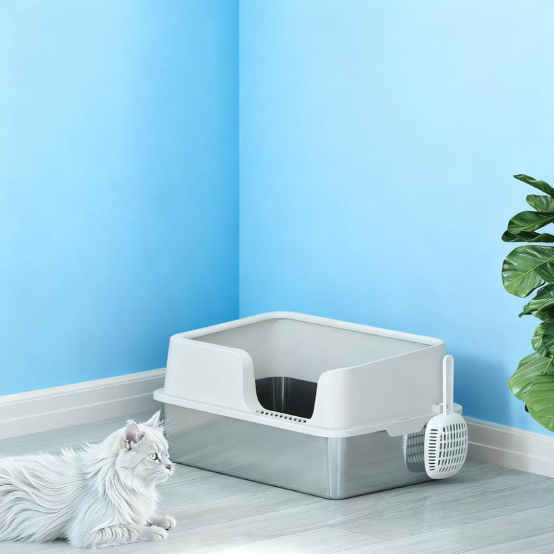 Extra Large Stainless Steel Cat Litter Box With High Sides And Scoop For Big Cats