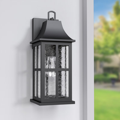 Zanyla 18''H Matte Black Iron ETL Clear Hammered Glass Outdoor Wall Lantern with Dusk to Dawn