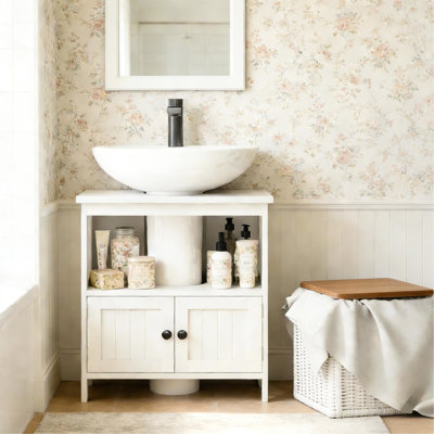 Meuble sous-évier en bois d'ingénierie blanc pour salle de bain, design moderne, gain de place avec porte et étagère de rangement, - Basculant, 23,5 po L x 11,75 po P H, assemblage requis, style meuble de salle de bain, construction