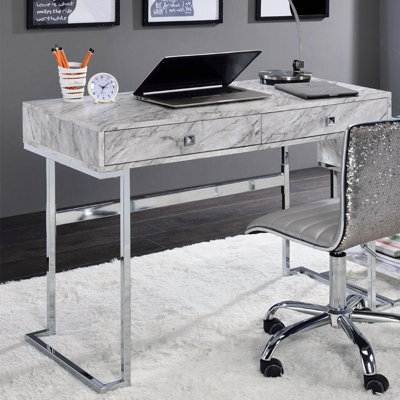 Rectangular Writing Desk With 2 Drawers, White Engineered Stone Top And Chrome