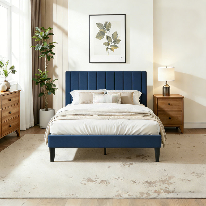 Modern Upholstered Platform Bed With Seamless Headboard, No Box Spring Needed, Full Size, Queen Size, King Size, Blue, Full