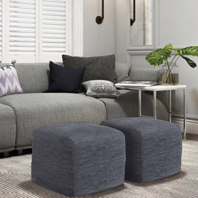 Pouf carré de 18 po de largeur en cuir véritable tissé noir