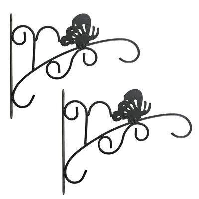 Gardenized Set Of 2-pcs 11-inch Scroll Hanging Bracket With Butterfly Accent For Plants Lanterns Wind Chimes & Decor Items Suitable For Garden Porch Balcony Patio Entryway Fence Or Indoor Use, Black