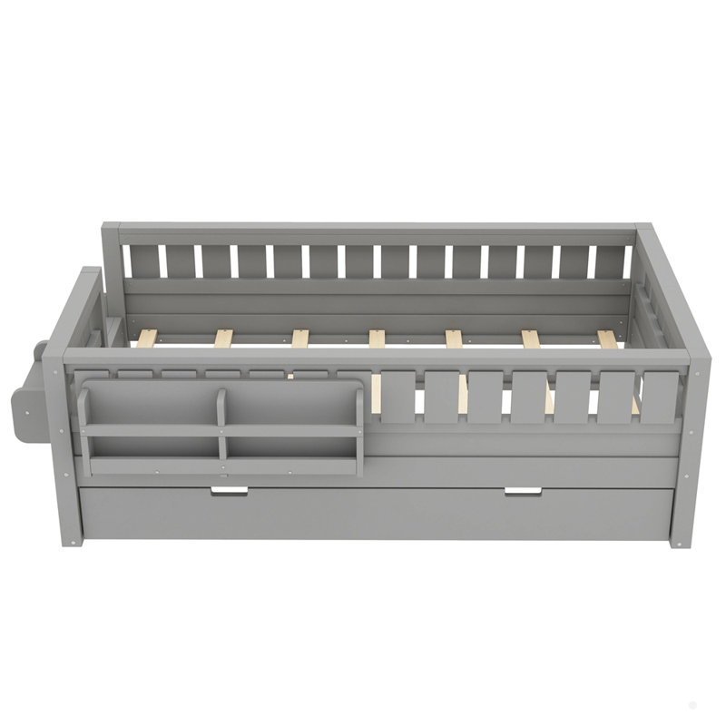 Wooden Bed With Built-In Bookshelves And Trundle, Gray, Twin