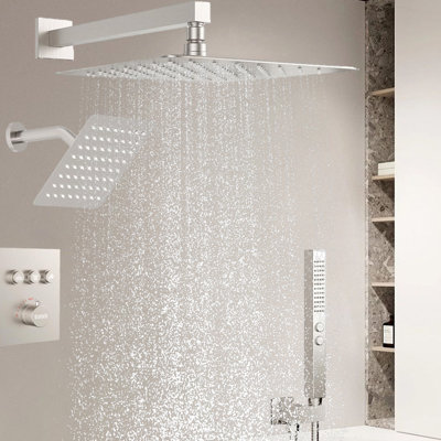 12+ 6" Wall Mount Rain Shower And 2 In 1 Handhled,Push Button 3 Modes Valve Complete Shower Set