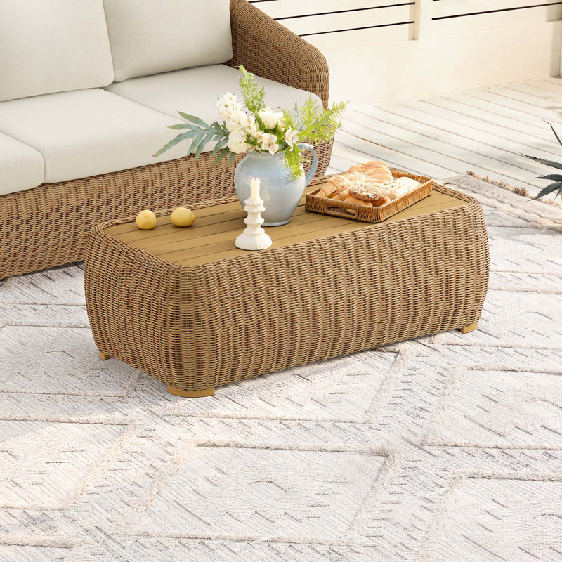 Rectangular Wicker Outdoor Coffee Table, Light Brown