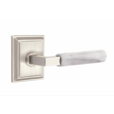 Ensemble de leviers d'intimité Emtek Select, rosette Wilshire, tige carrée en L, poignée en marbre blanc, gauche