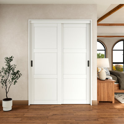 80" White Primed 1-Panel Or 3-Panels Closet Sliding Door With Hardware Kit & Handles