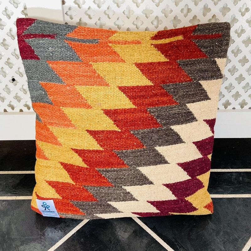 Alwar Kilim Large 60 cm x 60 cm Cushion Cover in Rich Wool Multi Colour Stripes, 45cm H x 45cm W