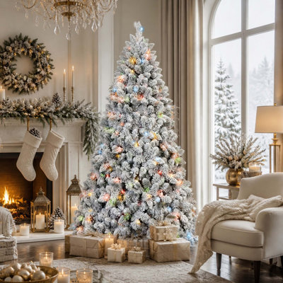 5FT Flocked Christmas Tree with 300 Colorful UL Lights and 27 Natural Pine Cones - 600 Snowy PVC Tips, Hinged Branches, Stable Metal Stand, Easy Setup