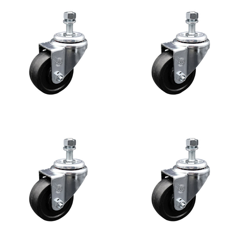 3.5 Inch SS Soft Rubber Wheel Swivel 12mm Threaded Stem Caster Set SCC