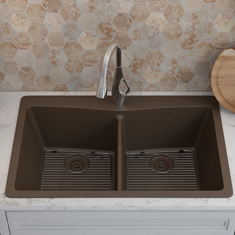 Lexicon Platinum 33-Inch Quartz Composite Drop-in Undermount 50/50 Double Bowl Kitchen Sink with Rear Drain Style includes Accessories 2 Stainless Steel Grids, 1 Basket Drain Strainer, and Flange