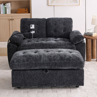 Canapé inclinable double Leisure avec dossier réglable, charge USB, support pour téléphone et repose-pieds de rangement - noir