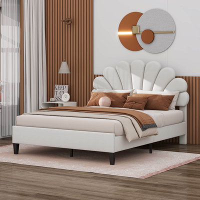 Queen Size Upholstered Platform Bed With Flower Pattern Velvet Headboard
