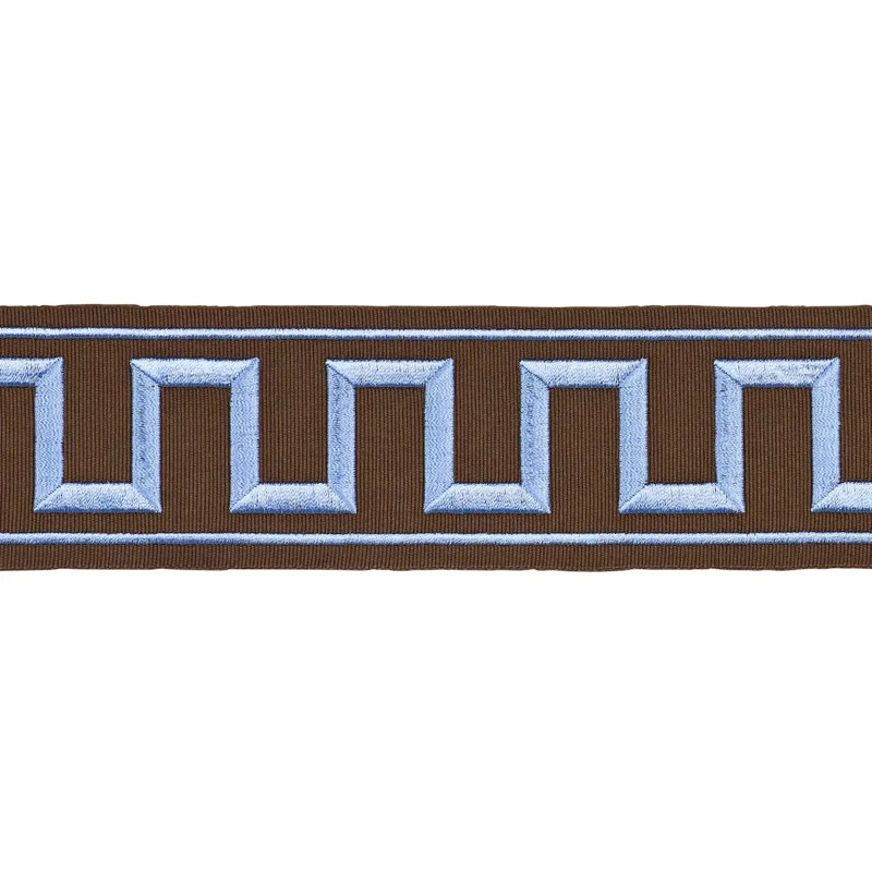 Greek Key Embroidered Tape, Blue/Brown