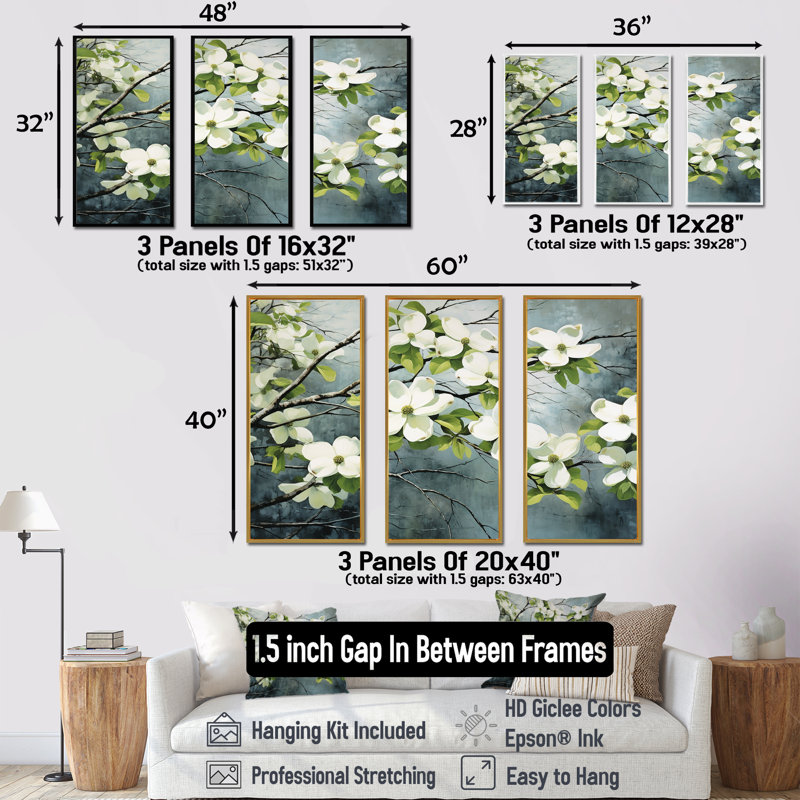 Dogwood Demeanor - Ensemble de décorations murales Dogwood, H 40 po x l 60 po x P 1 po, Cadre flottant érable