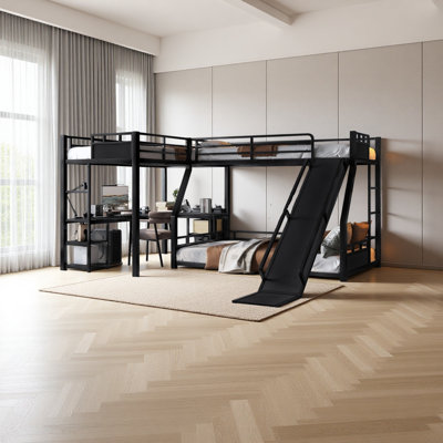 L-Shaped Metal Bunk Bed (Top Bed: Twin, Bottom Bed: Full ) With Single Loft Bed, Desk, And Storage Shelves, USB Charging Port Included