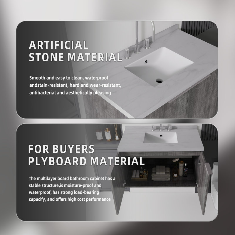 Meuble-lavabo de 91 cm avec lavabo, armoire de rangement suspendue en contreplaqué avec portes à fermeture amortie, comptoir en marbre reconstitué, chêne gris