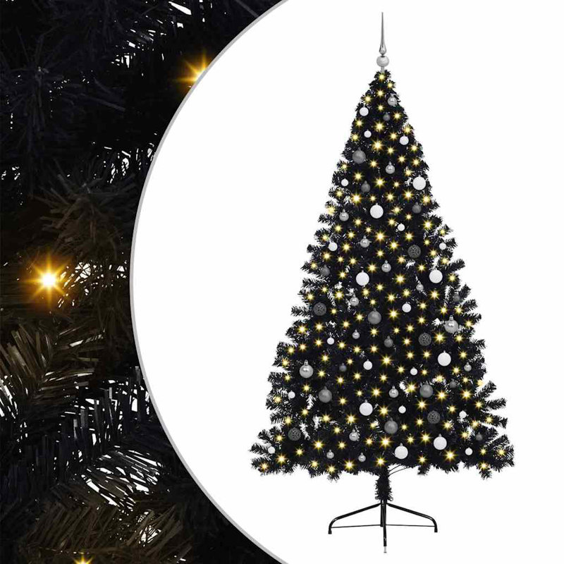 7.87' H Lighted Artificial Christmas Tree, Black, 240 cm, with 120 White/Grey Balls